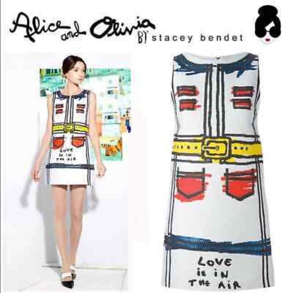 Alice + Olivia Love Is In The Air Trompe L'oeil WHITE BLUE MINI SHIFT DRESS 8 - Picture 2 of 15
